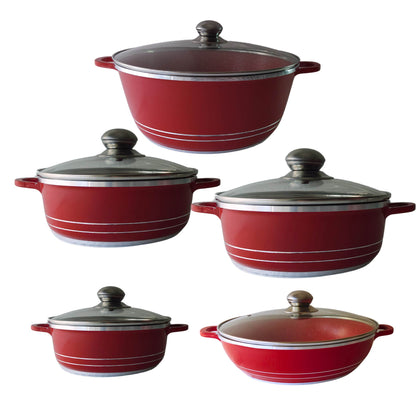 Bateria de 10 pz para cocina de Aluminio con recubrimiento de Granito (roja)