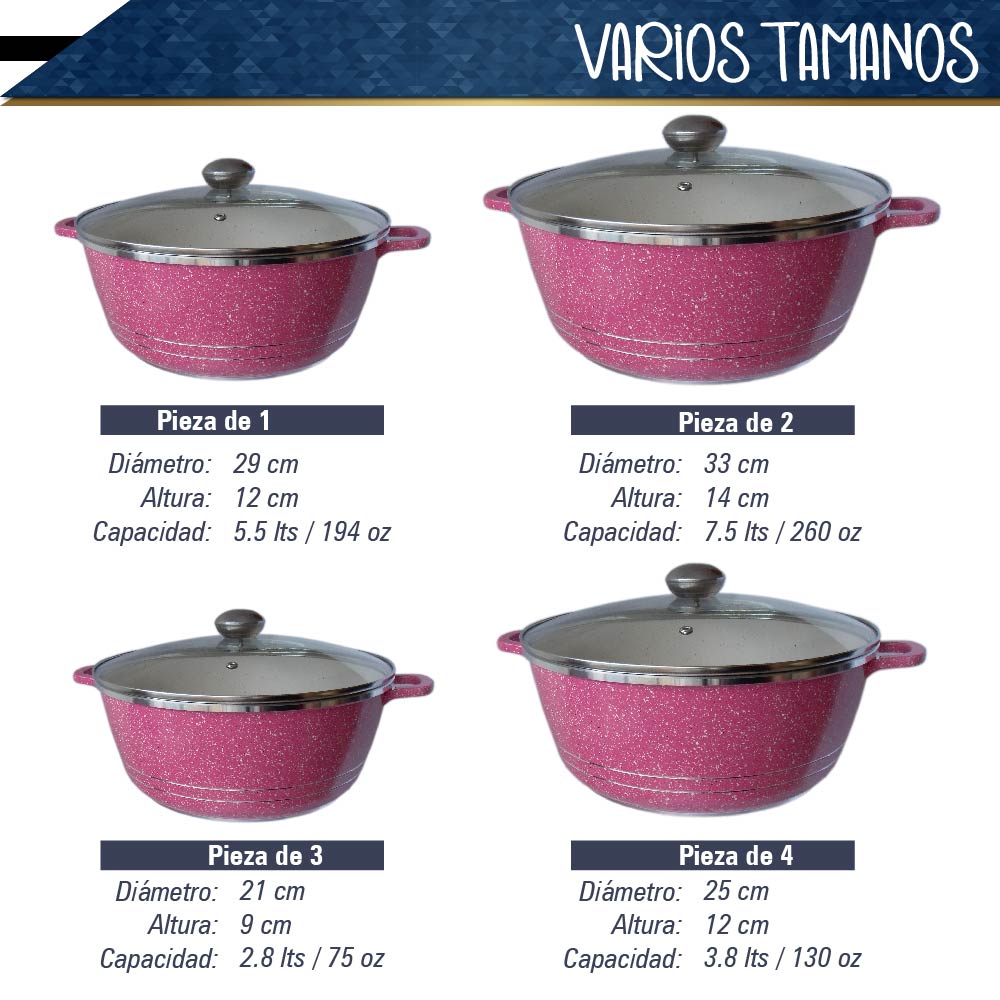 Bateria de 10 pz para cocina de Aluminio con recubrimiento de Granito (rosa)