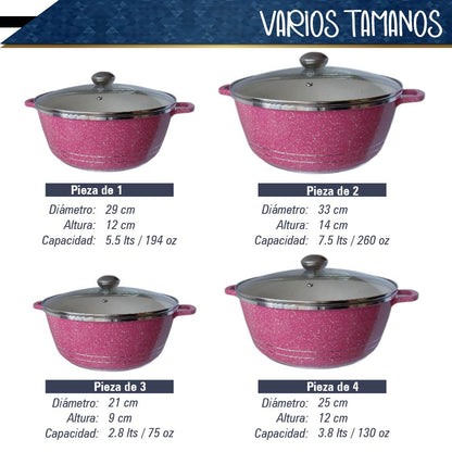Bateria de 10 pz para cocina de Aluminio con recubrimiento de Granito (rosa)