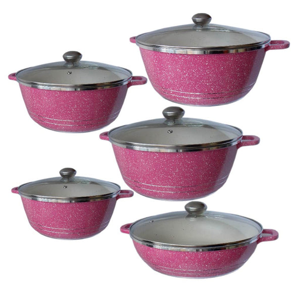 BATERÍA DE COCINA DE ALUMINIO RECUBRIMIENTO DE GRANITO 10 PZ ROSA
