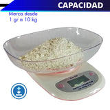 BASCULA DE COCINA DIGITAL MULTIFUNCIONAL A ESCALA, 10 KG. PANTALLA DE LED Y RECIPIENTE