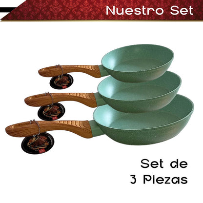 Set de 3 Sartenes Mango tipo Madera (Verde)
