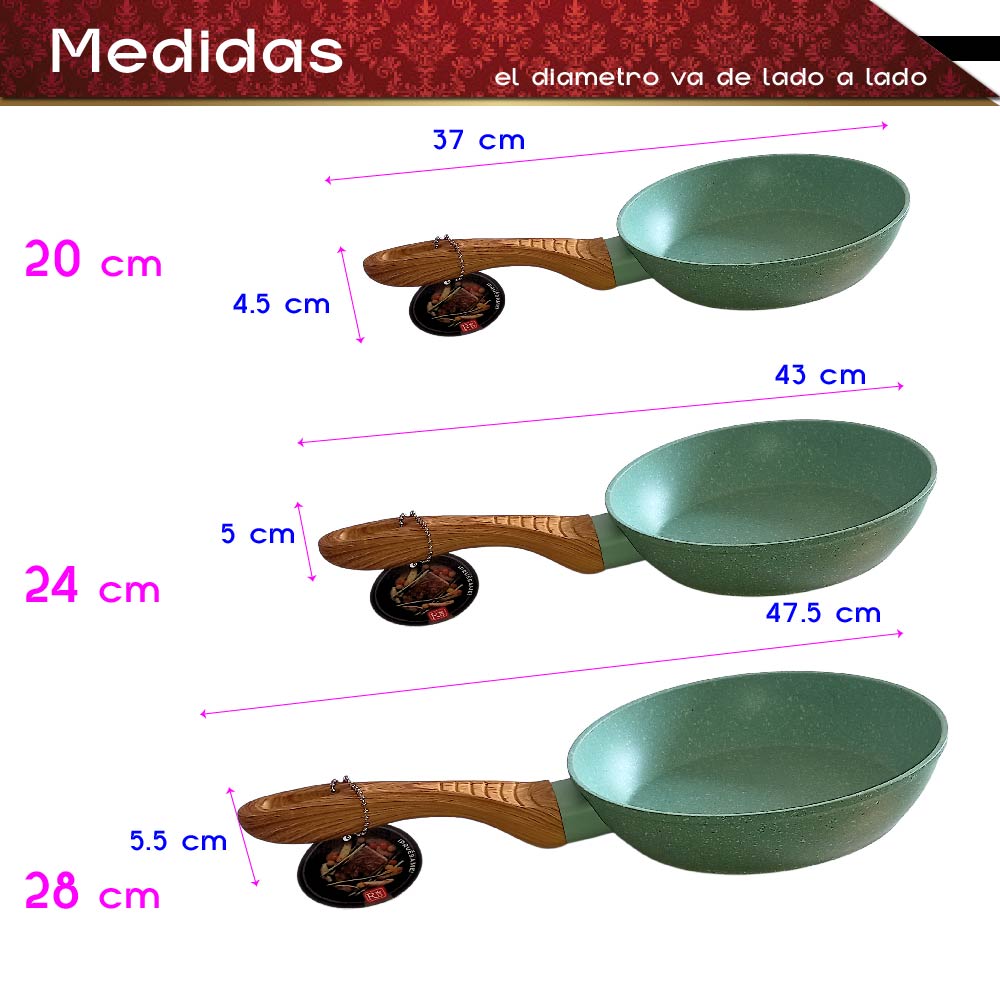 Set de 3 Sartenes Mango tipo Madera (Verde)