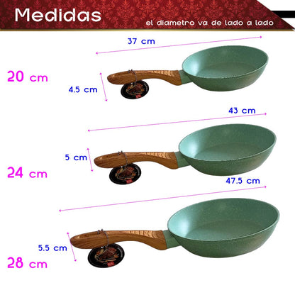 Set de 3 Sartenes Mango tipo Madera (Verde)