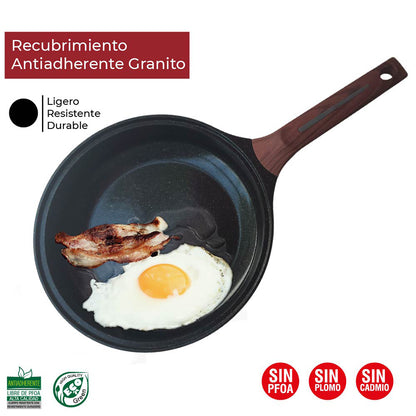 Sarten con tapa Antiadherente cubierta de granito mango tipo madera 24 cm