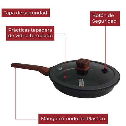 Sarten con tapa Antiadherente cubierta de granito mango tipo madera 24 cm