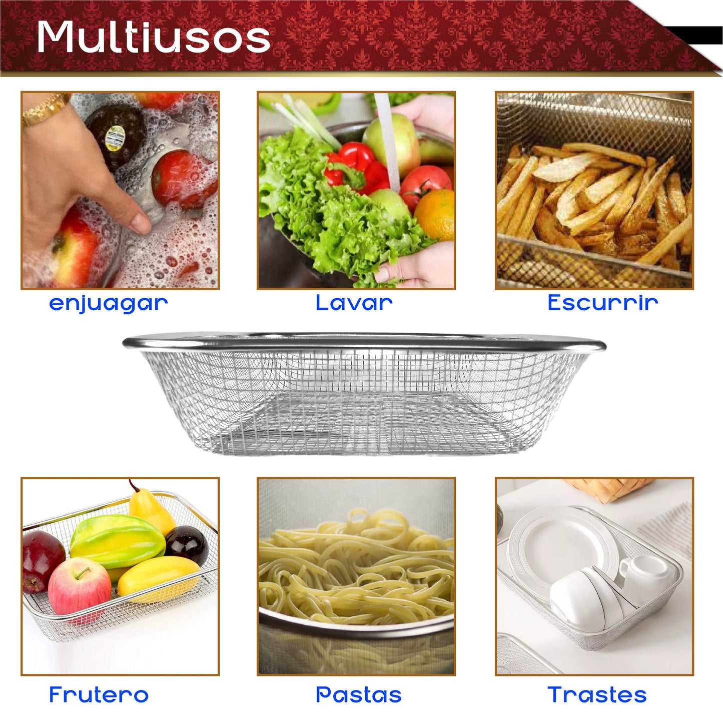 Colador Cocina Acero Inoxidable Rectangular Malla Multiusos
