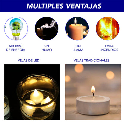Velas Te flotantes de LED sin flama, funciona con pilas parpadeantes decorativas 12 pz (Calidas)