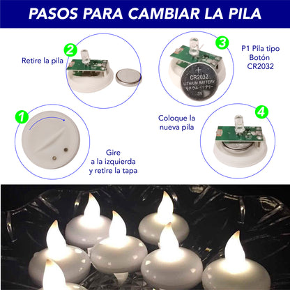 Velas Te flotantes de LED sin flama, funciona con pilas parpadeantes decorativas 12 pz (Calidas)