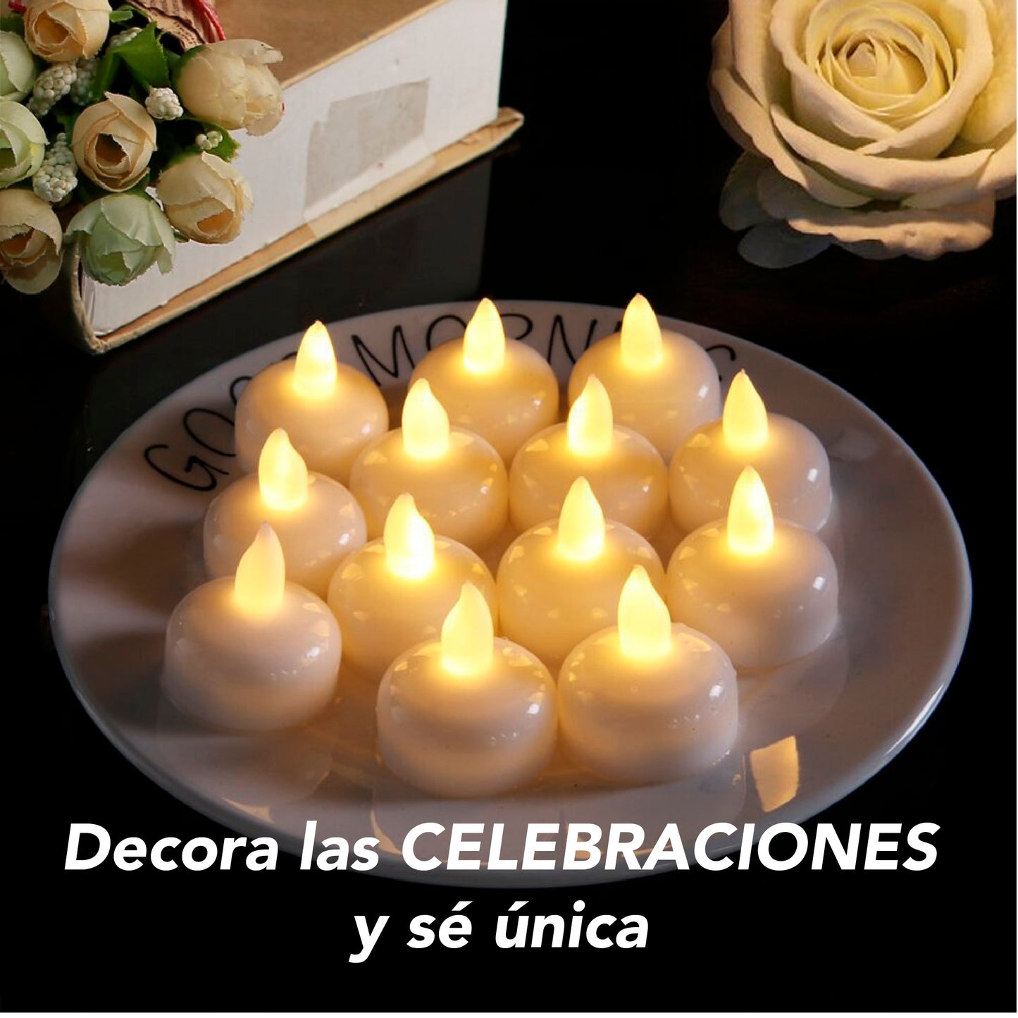 Velas Te flotantes de LED sin flama, funciona con pilas parpadeantes decorativas 12 pz (Calidas)