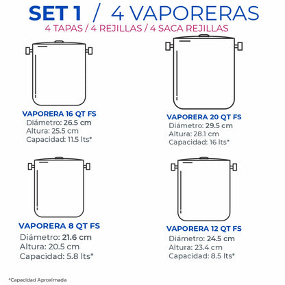Mega Set de Ollas y Posillos Metálicos | Juego de Vaporeras/Tamaleras con Tapas y Rejillas | Acero Inoxidable | Set para Tamales, Buffet, Cocina al Vapor y Eventos Grandes