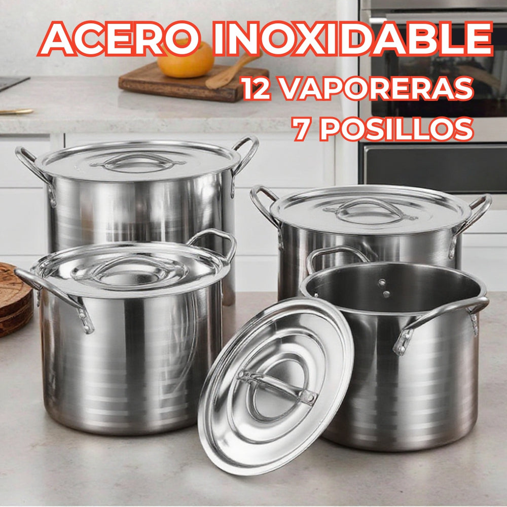 Mega Set de Ollas y Posillos Metálicos | Juego de Vaporeras/Tamaleras con Tapas y Rejillas | Acero Inoxidable | Set para Tamales, Buffet, Cocina al Vapor y Eventos Grandes