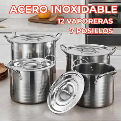 Mega Set de Ollas y Posillos Metálicos | Juego de Vaporeras/Tamaleras con Tapas y Rejillas | Acero Inoxidable | Set para Tamales, Buffet, Cocina al Vapor y Eventos Grandes