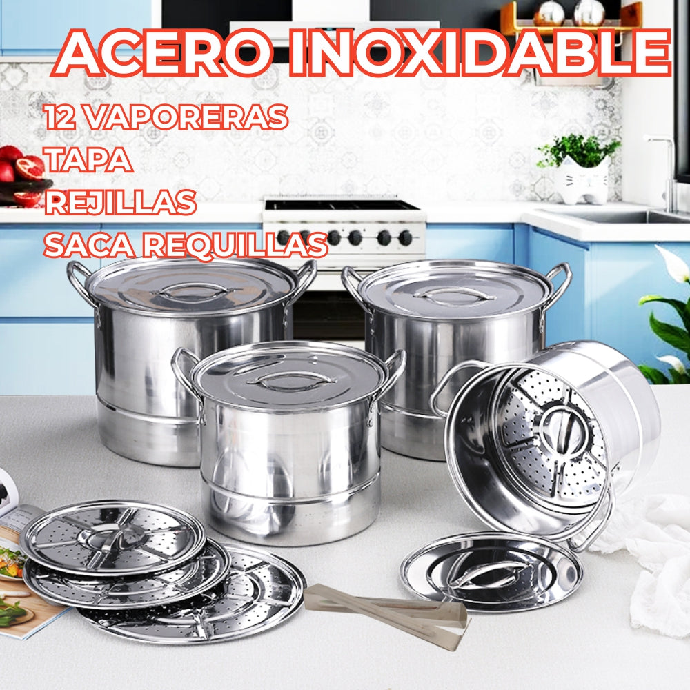 Mega Set de Ollas y Posillos Metálicos | Juego de Vaporeras/Tamaleras con Tapas y Rejillas | Acero Inoxidable | Set para Tamales, Buffet, Cocina al Vapor y Eventos Grandes