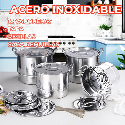 Mega Set de Ollas y Posillos Metálicos | Juego de Vaporeras/Tamaleras con Tapas y Rejillas | Acero Inoxidable | Set para Tamales, Buffet, Cocina al Vapor y Eventos Grandes