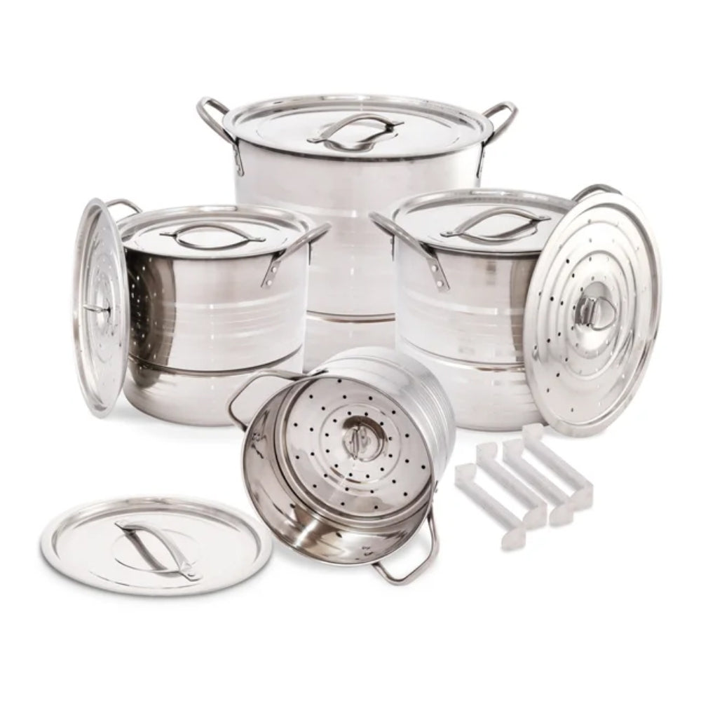 Mega Set de Ollas y Posillos Metálicos | Juego de Vaporeras/Tamaleras con Tapas y Rejillas | Acero Inoxidable | Set para Tamales, Buffet, Cocina al Vapor y Eventos Grandes