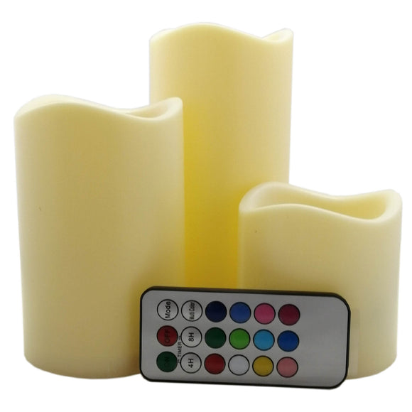 CHIC-FANTASY Velas LED parpadeantes, con control remoto, color marfil, mecha de LED velas luces de colores cálidos y fríos decoración del hogar, Juego de 3 piezas