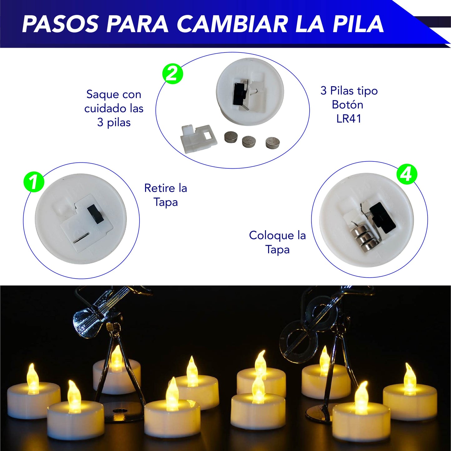Velas Te de LED sin flama, funciona con pilas parpadeantes decorativas 24 piezas (Calidas)