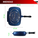 Sartén Doble Cara Antiadherente Ideal para Barbacoa Portátil con Empaque Extra Cocina sin Salpicaduras con Bloqueo de Mango (Azul)