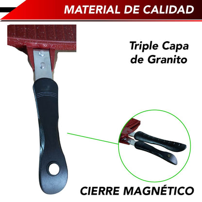 Sarten Doble Cara Antiadherente para Barbacoa con Empaque extra Cocina con Bloqueo de Mango (Rojo)