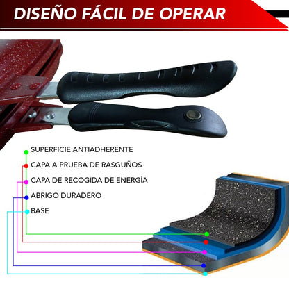 Sarten Doble Cara Antiadherente para Barbacoa con Empaque extra Cocina con Bloqueo de Mango (Rojo)