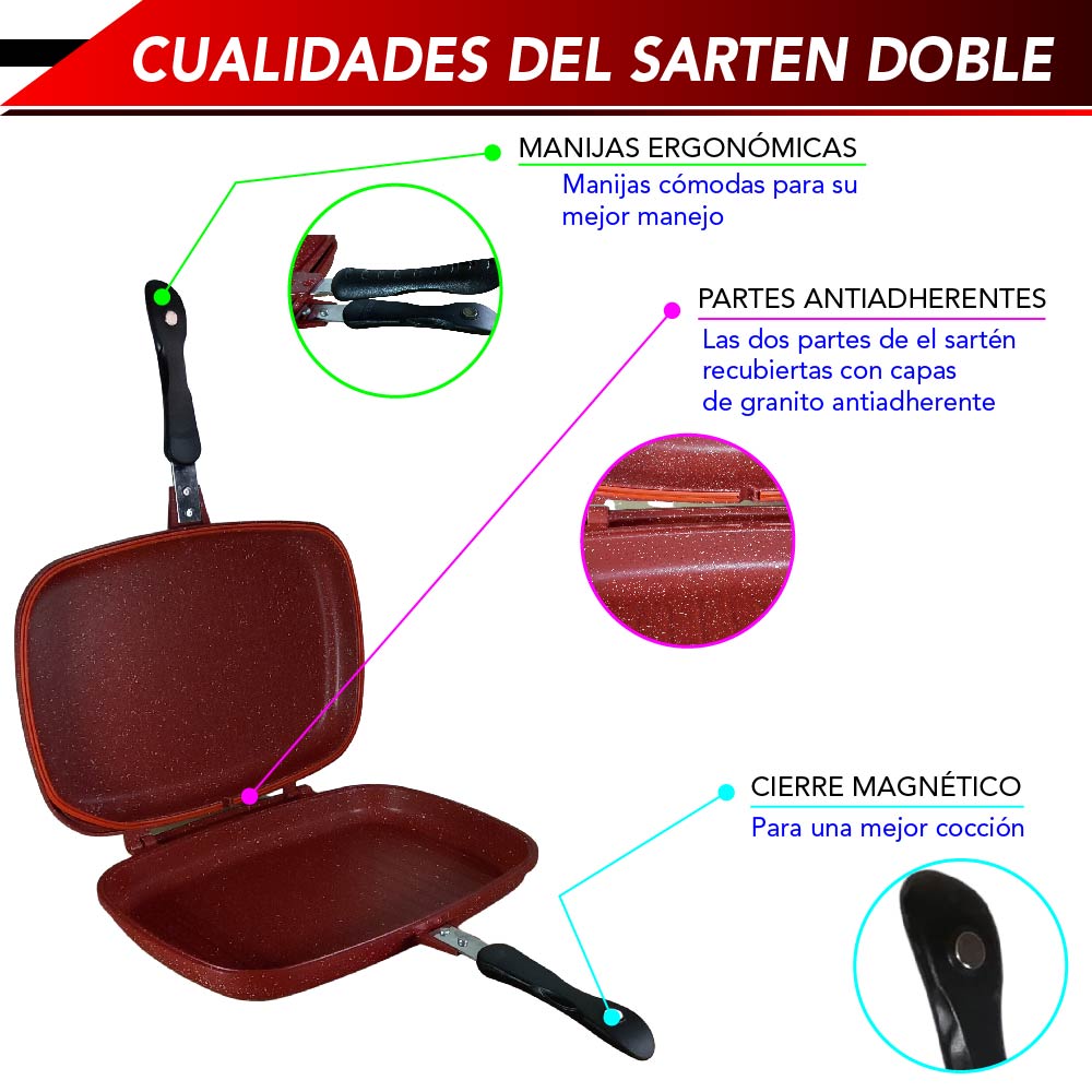 Sarten Doble Cara Antiadherente para Barbacoa con Empaque extra Cocina con Bloqueo de Mango (Rojo)