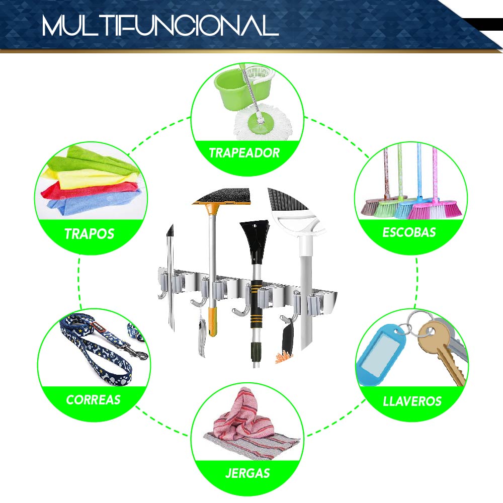 Organizador De Escobas Acero Inoxidable Soporte Multiusos