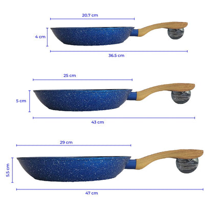 Set de 3 Sartenes Antiadherentes con Cubierta de Granito y Mango tipo Madera (Azul)