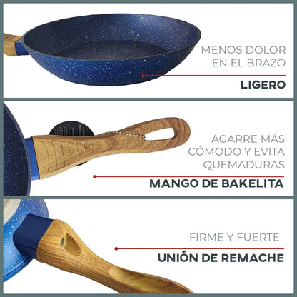 Set de 3 Sartenes Antiadherentes con Cubierta de Granito y Mango tipo Madera (Azul)