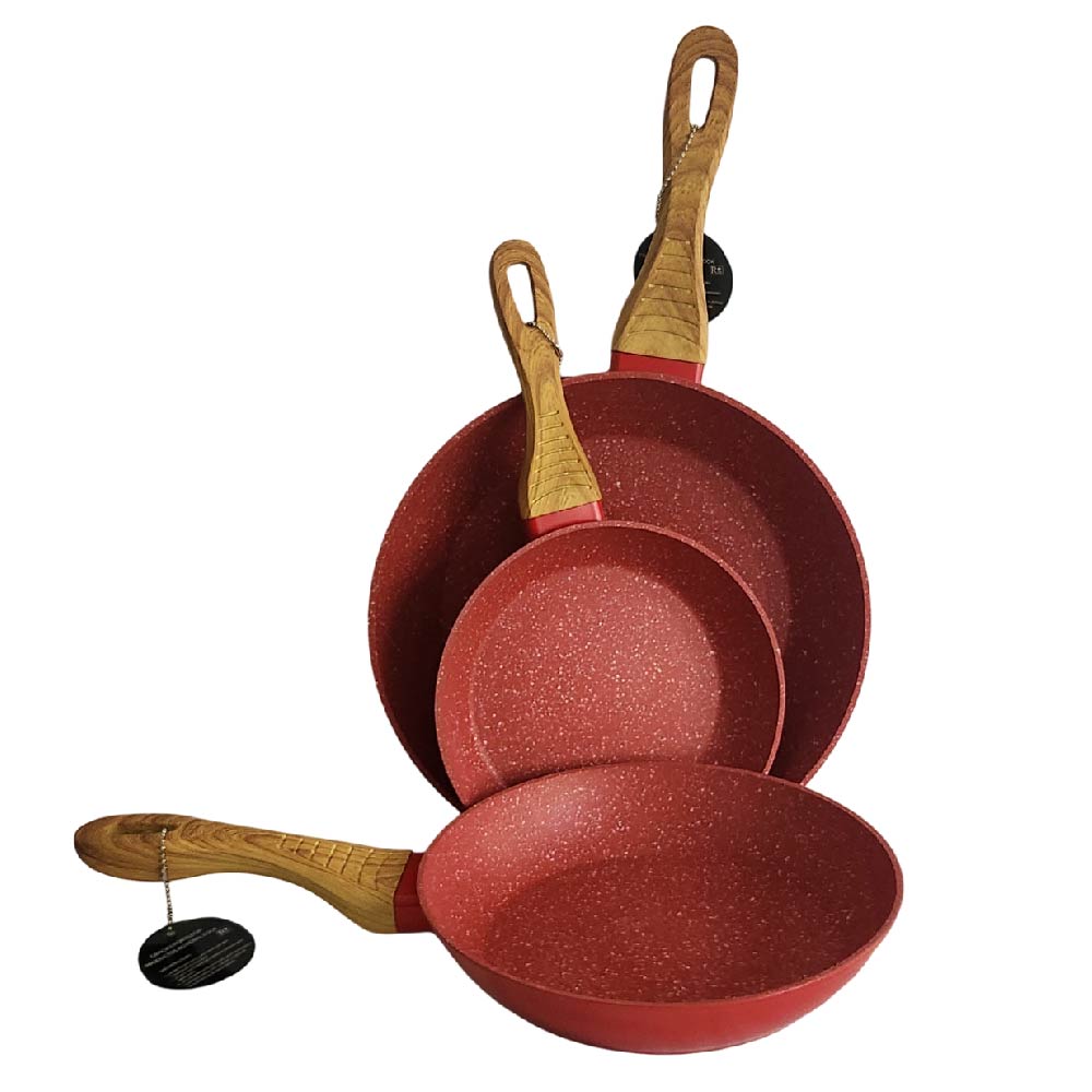 Set de 3 Sartenes Antiadherentes con Cubierta de Granito y Mango tipo Madera (Rojo)