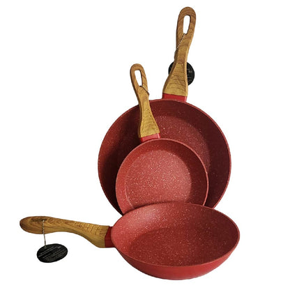 Set de 3 Sartenes Antiadherentes con Cubierta de Granito y Mango tipo Madera (Rojo)