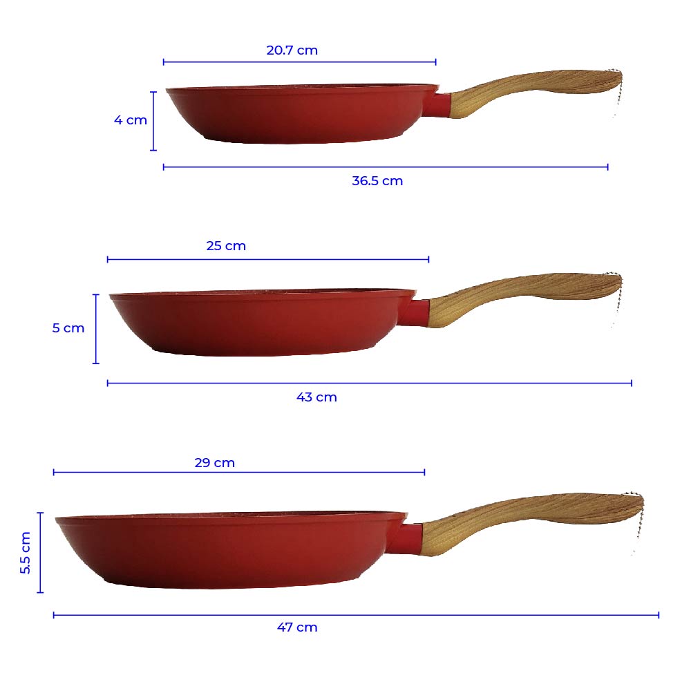 Set de 3 Sartenes Antiadherentes con Cubierta de Granito y Mango tipo Madera (Rojo)