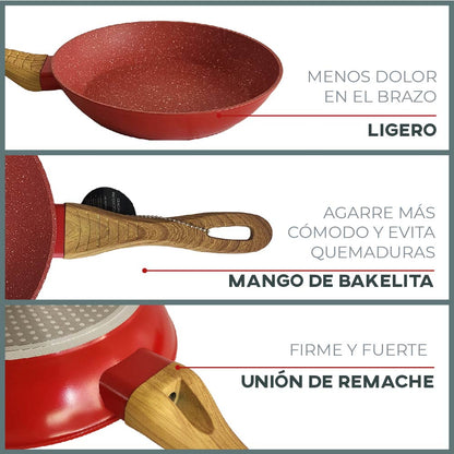Set de 3 Sartenes Antiadherentes con Cubierta de Granito y Mango tipo Madera (Rojo)
