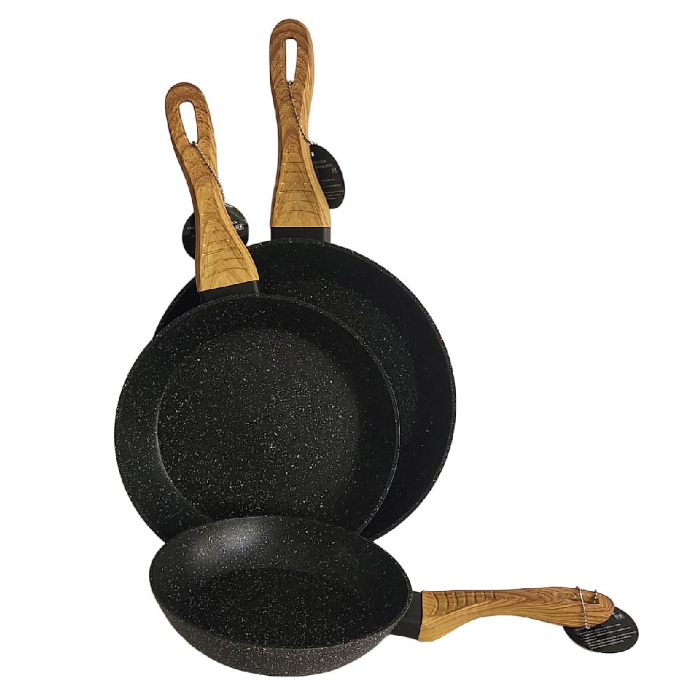 Set de 3 Sartenes Antiadherentes con Cubierta de Granito y Mango tipo Madera (Negro)