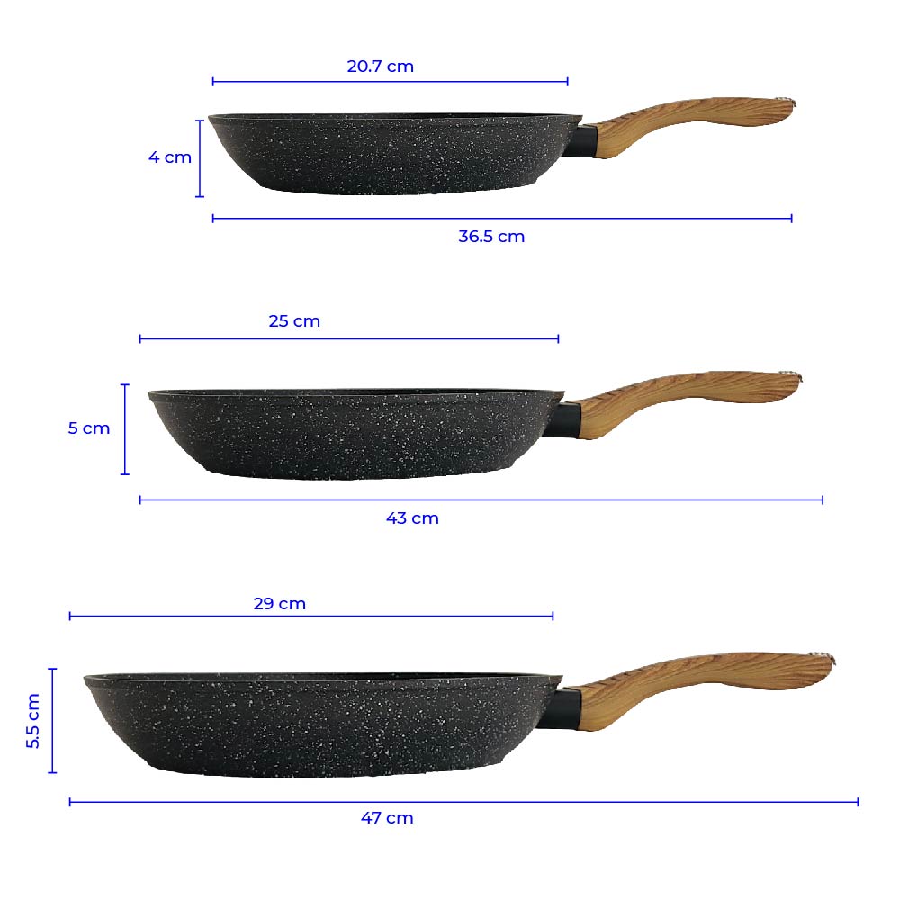 Set de 3 Sartenes Antiadherentes con Cubierta de Granito y Mango tipo Madera (Negro)