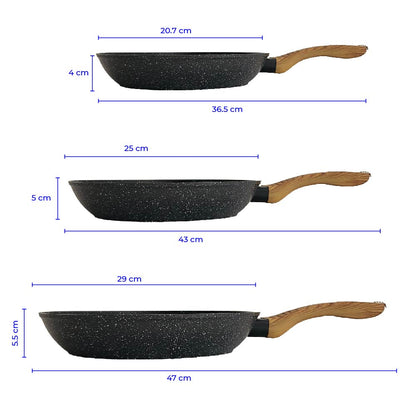 Set de 3 Sartenes Antiadherentes con Cubierta de Granito y Mango tipo Madera (Negro)