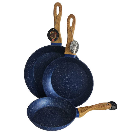 Set de 3 Sartenes Antiadherentes con Cubierta de Granito y Mango tipo Madera (Azul)