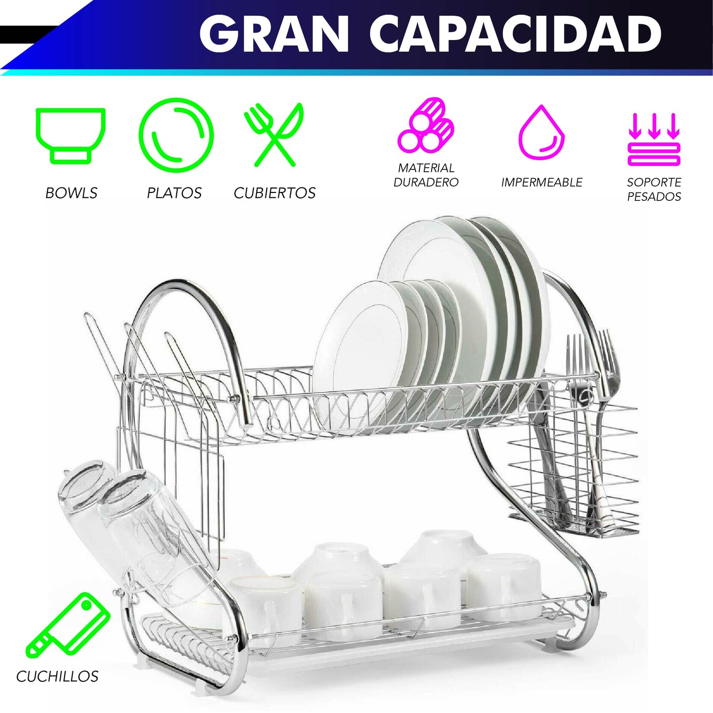 Escurridor 2 niveles para trastes de acero cromado (45 cm/18 in)