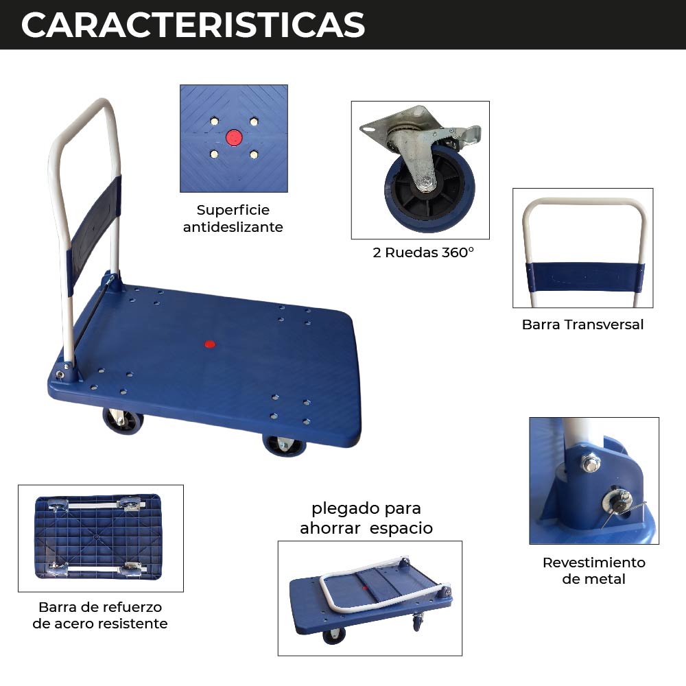 Carro Plataforma de Carga Plegable 400 kg Carro Plataforma de Carga Plegable Carrito de Carga Manual con 2 Ruedas giratorias con Freno y 2 fijas Carro para Uso Rudo