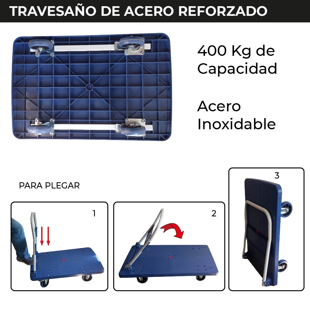 Carro Plataforma de Carga Plegable 400 kg Carro Plataforma de Carga Plegable Carrito de Carga Manual con 2 Ruedas giratorias con Freno y 2 fijas Carro para Uso Rudo