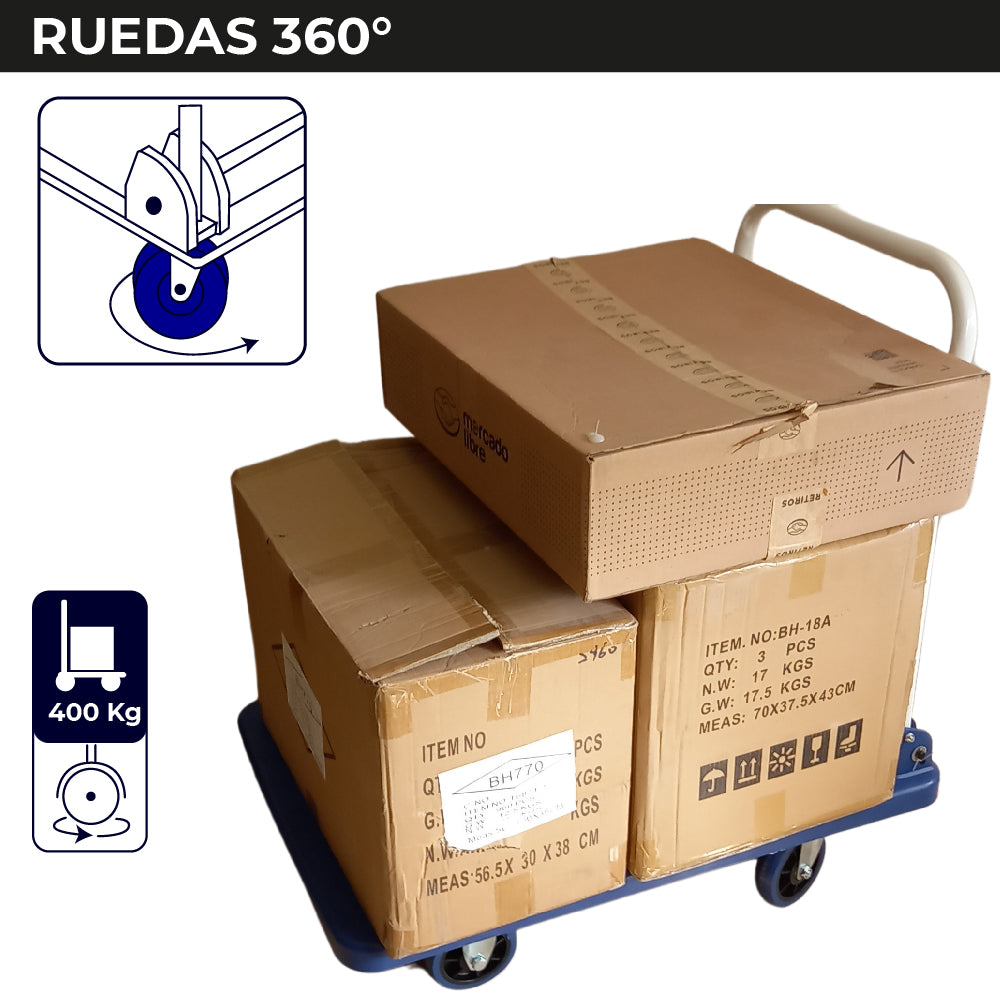Carro Plataforma de Carga Plegable 400 kg Carro Plataforma de Carga Plegable Carrito de Carga Manual con 2 Ruedas giratorias con Freno y 2 fijas Carro para Uso Rudo