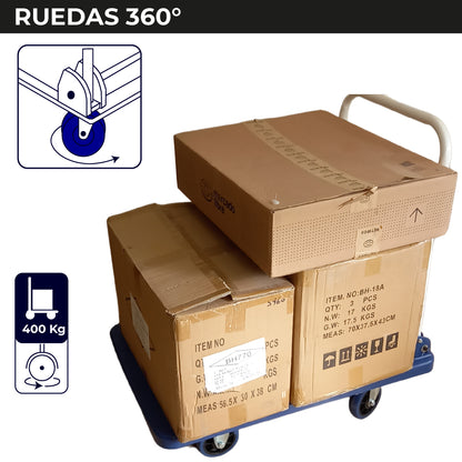 Carro Plataforma de Carga Plegable 400 kg Carro Plataforma de Carga Plegable Carrito de Carga Manual con 2 Ruedas giratorias con Freno y 2 fijas Carro para Uso Rudo