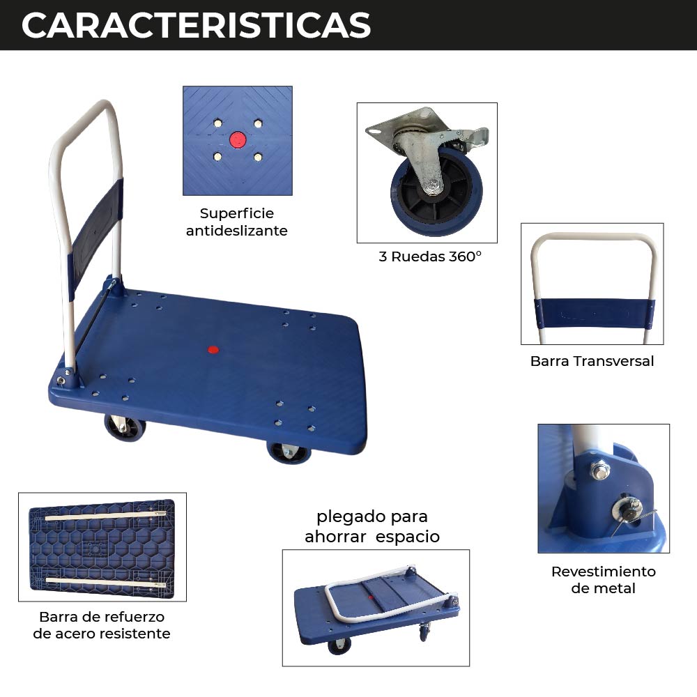 Carro Plataforma de Carga Plegable Carrito de Carga Manual con 3 Ruedas giratorias con Freno y 2 fijas Carro para Uso Rudo Carga 600 kg