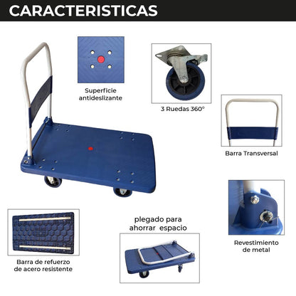 Carro Plataforma de Carga Plegable Carrito de Carga Manual con 3 Ruedas giratorias con Freno y 2 fijas Carro para Uso Rudo Carga 600 kg