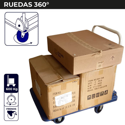 Carro Plataforma de Carga Plegable Carrito de Carga Manual con 3 Ruedas giratorias con Freno y 2 fijas Carro para Uso Rudo Carga 600 kg