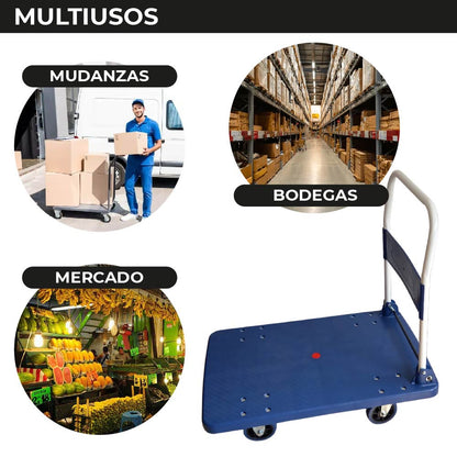 Carro Plataforma de Carga Plegable Carrito de Carga Manual con 3 Ruedas giratorias con Freno y 2 fijas Carro para Uso Rudo Carga 600 kg