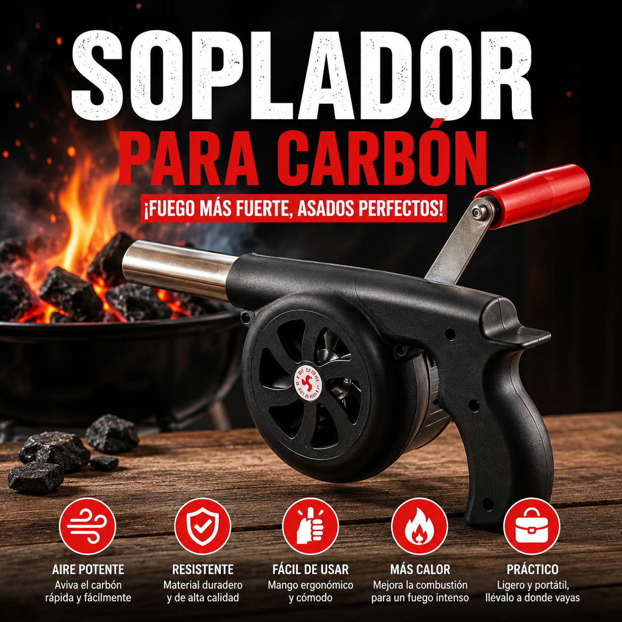 Avivador de Carbón BBQ Manual Tipo Pistola | Soplador Ventilador para Parrilla y Asador | Encendido Rápido, Potente y Portátil