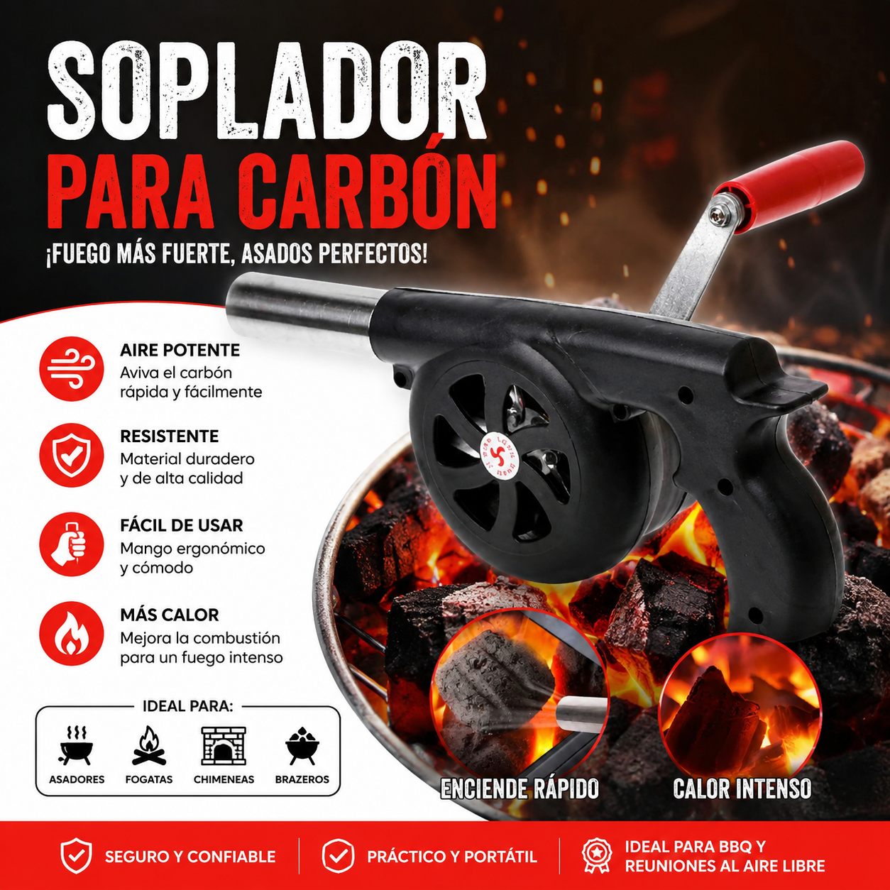Avivador de Carbón BBQ Manual Tipo Pistola | Soplador Ventilador para Parrilla y Asador | Encendido Rápido, Potente y Portátil