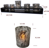 BASE DE MADERA Y VASOS DE CRISTAL DECORADOS PORTA VELAS VINTAGE RETRO