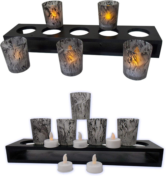 BASE DE MADERA Y VASOS DE CRISTAL DECORADOS PORTA VELAS VINTAGE RETRO